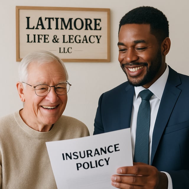A retiree smiles as a black male insurance agent shows him his new policy Latimore Life  Legacy LLC sign hanging in the background on the wall